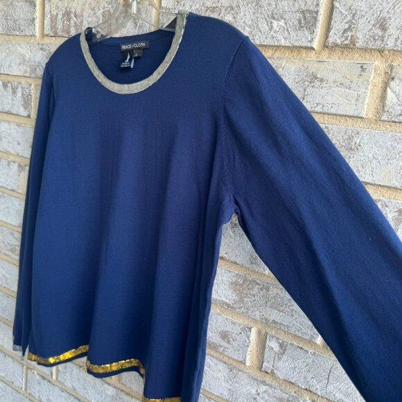 Peace of Cloth Long Sleeve Crew Neck Gold/Silver Tone Trim Blue Blouse Size L - Picture 6 of 8